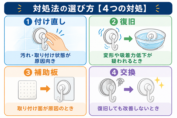 吸盤の状態に合わせた4つの対処法を比較する図