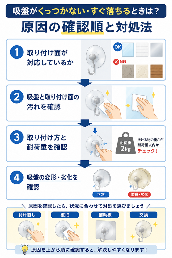吸盤が付かない原因を順番に確認する流れ図