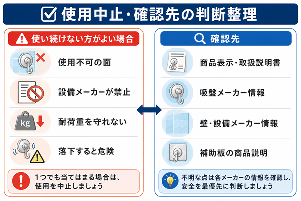 吸盤の使用をやめる条件と確認先を整理した図