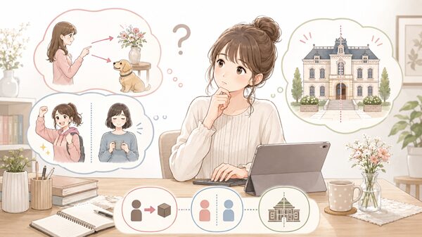 三つのたいしょうを考える女性の図解イラスト