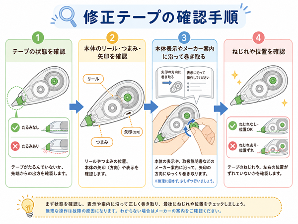 修正テープの状態確認から巻き取りまでの手順図