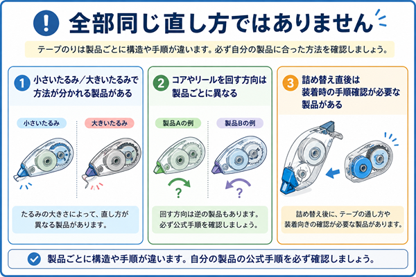 テープのりの直し方が製品ごとに異なることを示す比較図