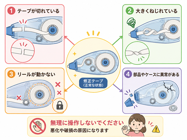 修正テープの異常な状態を4つに分けた確認図