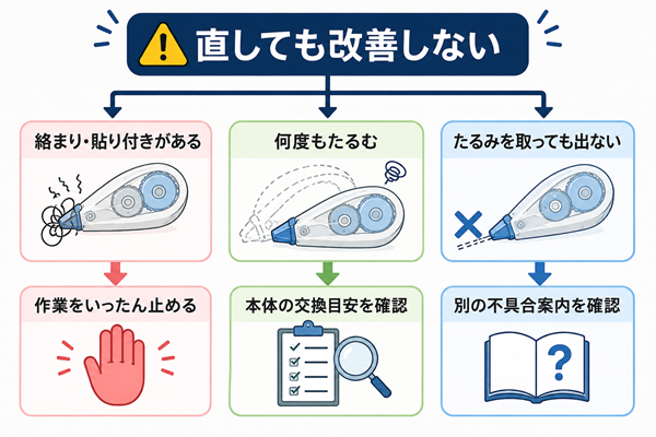 テープのりが直らない場合の状態別確認と対処を示す図