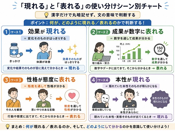 現れると表れるを効果や成果などの場面別に比較した図解