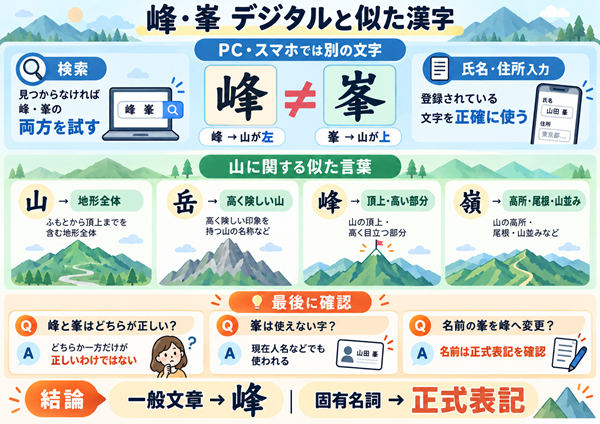 峰と峯のデジタル上の違いと山に関する漢字比較