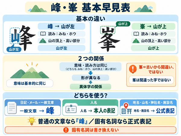 峰と峯の字形・異体字の関係と場面別の使い分け