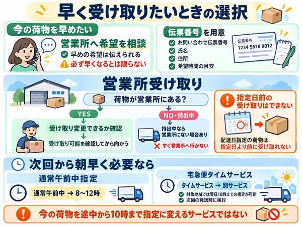 早く受け取るための相談と営業所受け取りの判断