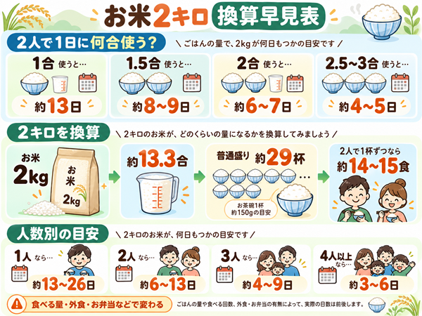 お米2キロの合数・茶碗数と人数別の日数目安
